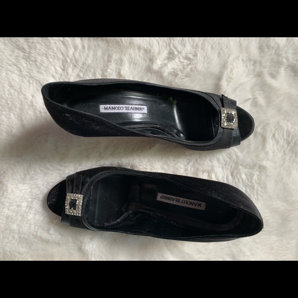 Manolo Blahnik black satin peep toe pumps with rhinestone buckle